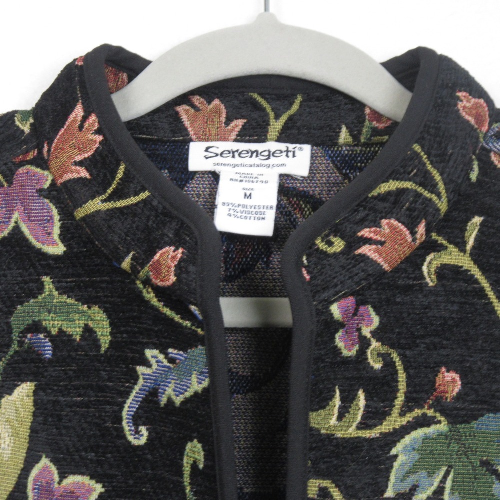 Serengeti Womens Tapestry Jacket Black Floral Vine Open Front Pockets Size Med - Picture 9 of 14